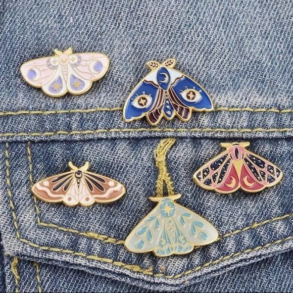 Set of 5 Moth pins enamel moon floral pin - Picture 2 of 3